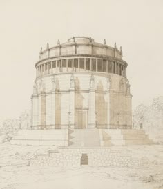 an architectural drawing of a building with steps leading up to the top, and a clock tower in the background