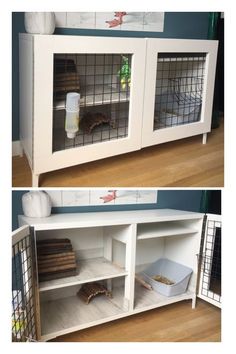 two pictures side by side of a white entertainment center with glass doors and shelves filled with items