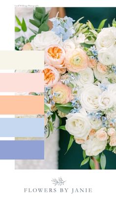 a wedding bouquet with peach, blue and white flowers is featured in the color palette