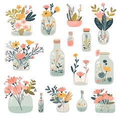 an assortment of vases filled with flowers and plants on a white background in pastel colors