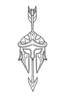 a black and white drawing of a helmet with an arrow on it