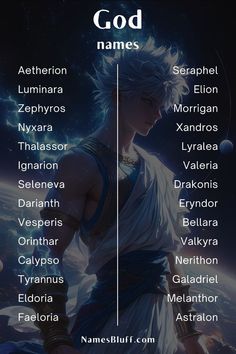 an image of the names of god and goddesss in front of a dark background