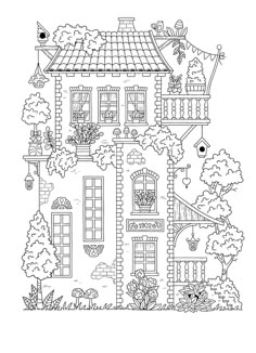 a black and white drawing of a house in the middle of trees with windows on each side