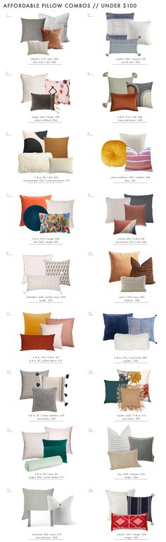 the different types of pillows are shown in this image, and there is also an info sheet