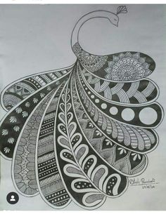 a black and white drawing of a peacock with intricate patterns on it's tail