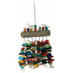 a bird toy hanging from a chain with lots of beads and chains attached to it