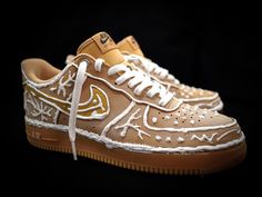 Treat yourself this holiday season with a pair of Gingerbread AF1s! This unconventional Nike design is hand-crafted by Shoebaker and is sure to add a sweet twist to your holiday wardrobe. Tap into your festive spirit and get yourself a pair today!  Read before purchasing  This is a service to customize a shoe with engraving, which costs a specified amount that includes materials and artist time. Price listed includes the cost of the Air Force One needed to [produce the art piece.  The AF1 is purchased from Nike.com or Third-Party with collaboration of Nike. The available sizes are 3.5-15 US, and the turn-around time is 2-3 weeks from purchase. Nike Air Force 1 Supreme, Custom Painted Shoes, Nike Design, Air Force 1 Custom, Nike Air Shoes, Christmas Custom, Air Force One, Cute Nike Shoes, Cute Nikes