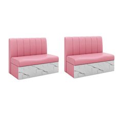 two pink and white chairs sitting next to each other on top of a white floor