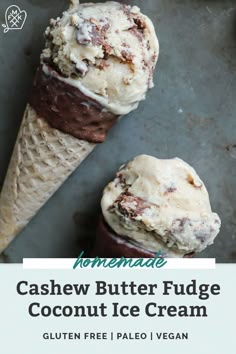 two scoops of homemade cashew butter fudge coconut ice cream on top of each other