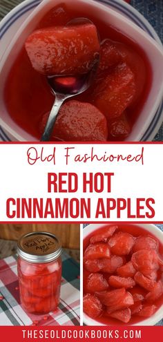 old fashioned red hot cinnamon apples in a bowl with spoon and jar full of them