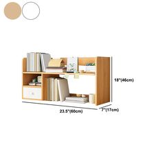 an image of a book shelf with books and other items on it, measurements for the shelves