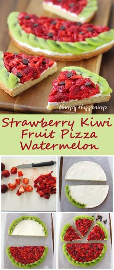 strawberry kiwi fruit pizza with watermelon on top and sliced up into slices