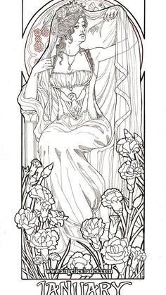 a drawing of a woman sitting in front of flowers