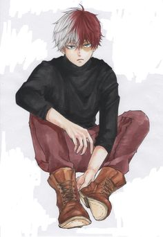 a drawing of a person with red hair sitting on the ground and tying his shoes