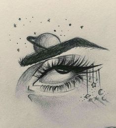 a drawing of an eye with long lashes and stars in the night sky above it