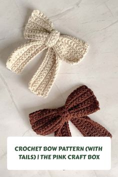 two crochet bow patterns with tails and the pink craft box logo below them