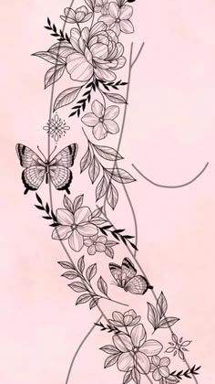 a tattoo design with flowers and butterflies on it