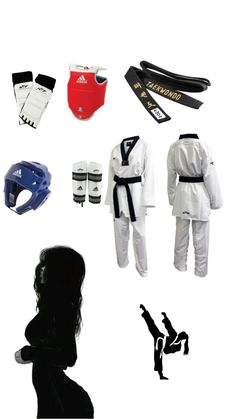 the silhouette of a person wearing karate gear and standing in front of various sports equipment