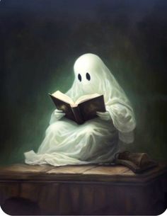 a painting of a ghost reading a book