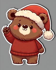 a brown teddy bear wearing a santa hat and holding his hand up to the side