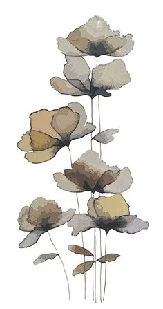 some very pretty flowers that are on a white background and one is brown, yellow and gray