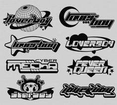 several different logos and emblems for various types of sports teams in black and white