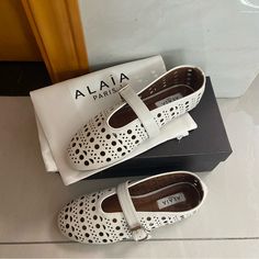 Material: 100% Lambskin Color: White, Brown Size: Eu 38 Brand New With Box, Dust Bag Alaia Studded Flats Outfit, Alaia 2024, Alaia Flats, Alaia Fishnet Flats, Alaia Mesh Flats, Alaia Sandals, White Flats, Loafer Flats, Ballet Flats