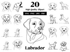 the labrador dogs are drawn in black and white, each with their own dog's name