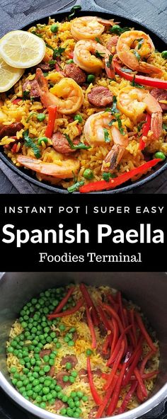 spanish paella with peas, carrots and shrimp in a skillet on the table