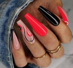 Long Acrylic Nails Coffin, Black Nail, Coffin Nails Designs, Chic Nails, Fancy Nails, Dope Nails, Creative Nails