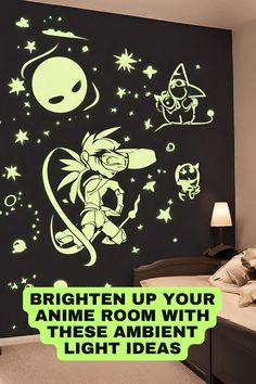 an image of a bedroom with glow in the dark wall decals on it's walls