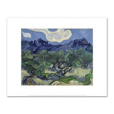 an oil painting of olive trees with mountains in the back ground and clouds above them