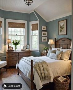 Cozy Farmhouse Guest Bedroom, Master Bedrooms With Windows Beside Bed, Cottage Farmhouse Master Bed, Guest Bedroom Ideas Light Blue, Cottage Interior Design Bedroom, Cottagecore Farmhouse Bedroom, Woodsy Cottage Interior, Farmhouse Primary Bedroom, Colonial Cottage Interior