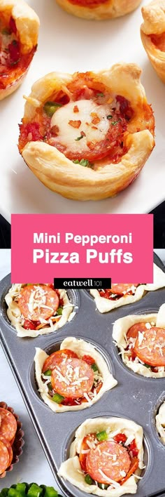 mini pepperoni pizza puffs in a muffin tin with text overlay reading mini pepperoni pizza puffs