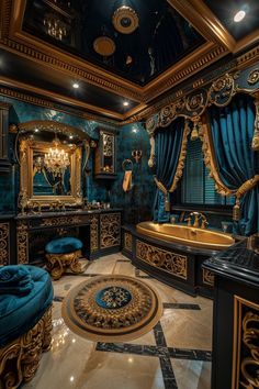 a fancy bathroom with blue and gold decor