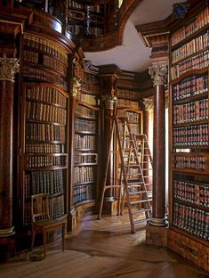 a room filled with lots of books and ladders