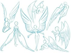 an image of some angel sketches on a white background with blue markers and pencils