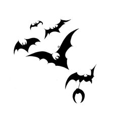 three bats flying in the air with their wings spread out and one is upside down