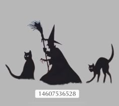 the silhouettes of three cats and a witch with a broom are shown in black against a gray background