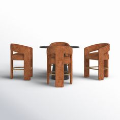 three chairs and a table are shown in this image