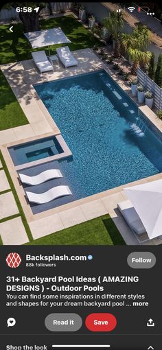 an aerial view of a swimming pool in the middle of a yard with lawn chairs and umbrellas