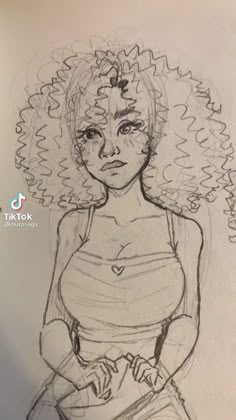 a pencil drawing of a woman with curly hair and no bra, sitting on the ground