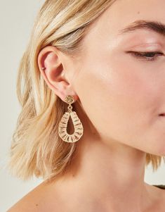 Teardrop Raffia Wrap Earrings | Drops | Accessorize Global Chic Gold Earrings For Vacation, Gold Earrings For Vacation, Gold Woven Dangle Earrings, Woven Drop Earrings, Gold Dangle Teardrop Earrings For Beach, Trendy Woven Earrings, Gold Teardrop Earrings For Summer, Gold Bohemian Teardrop Earrings For Summer, Summer Bohemian Gold Teardrop Earrings