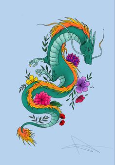 a drawing of a dragon with flowers on it