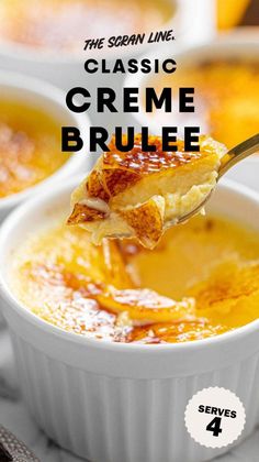 a spoon full of creme brulee soup with the title above it reads, the korean line classic creme brule