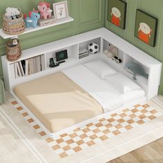 a bedroom with green walls, white bed and checkered rugs on the floor