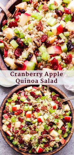 cranberry apple quinoa salad is shown in two separate images, with the same toppings