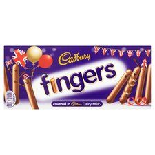 cadbury fingers chocolate bar with balloons and streamers on the front, 50g