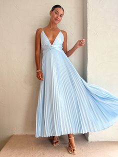 Blue Maxi Dress Formal, Coco And Lola Dresses, Wedding Guest Blue Dress, Blue Maxi Dresses, Blue Wedding Guest Dress, Pleated Prom Dress, Coco And Lola, Light Blue Midi Dress, Prom 23