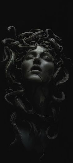 a woman's head is covered in snakes as she stares into the distance with her eyes closed